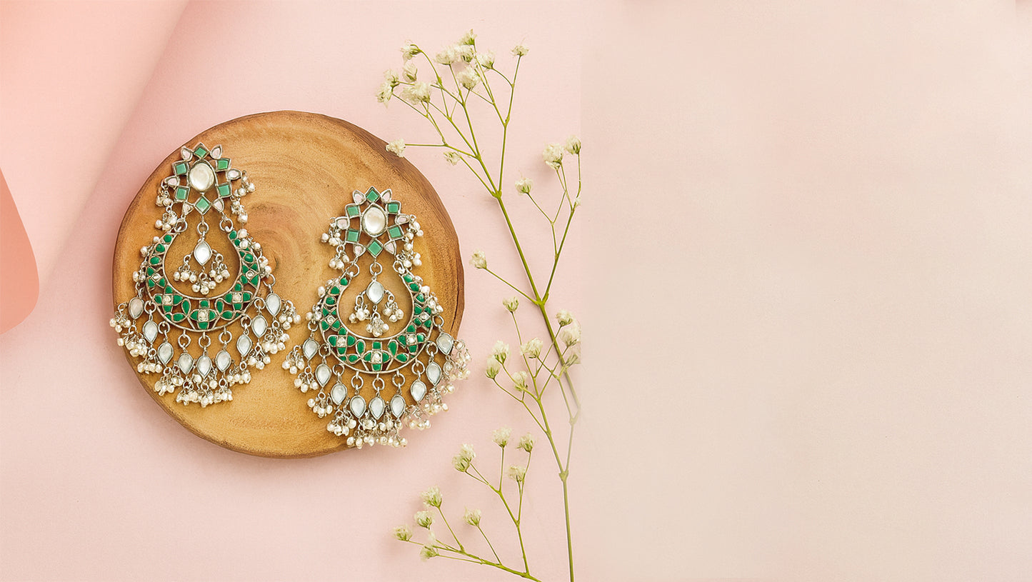 Sangeeta Boochra Heritage Silver Earrings with Kundan & Pearl Detailing