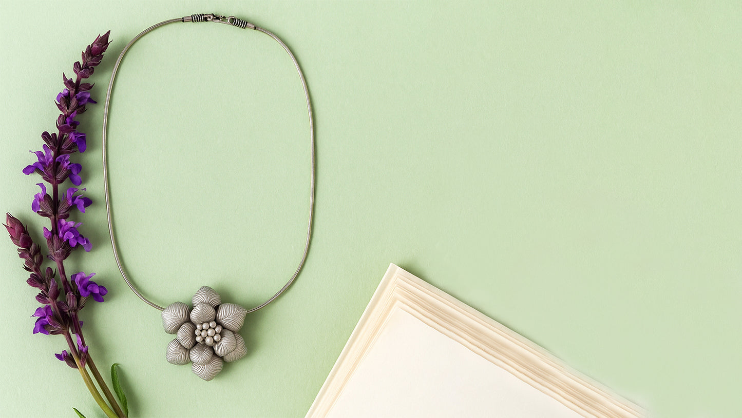 Sangeeta Boochra Artistic Oxidised Silver Flower Pendant