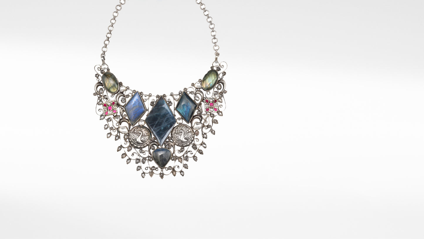 Sangeeta Boochra Blue Tribal Silver Necklace