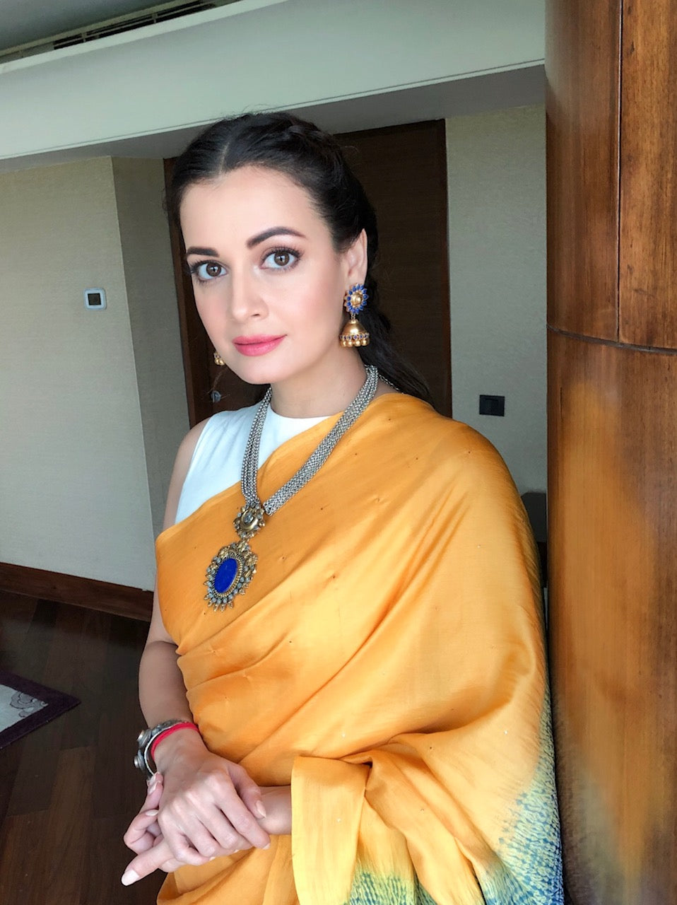 Dia Mirza in Earrings And Necklace With 24k Gold Plated And Cz, Blue Glass Stone