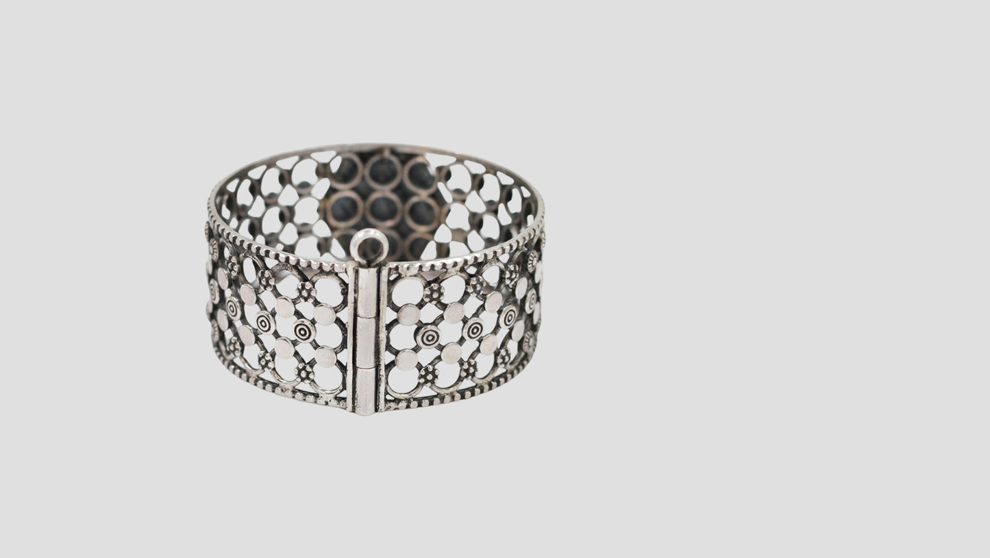 Sangeeta Boochra Oxidised Silver Hexagon Floral Statement Bangle