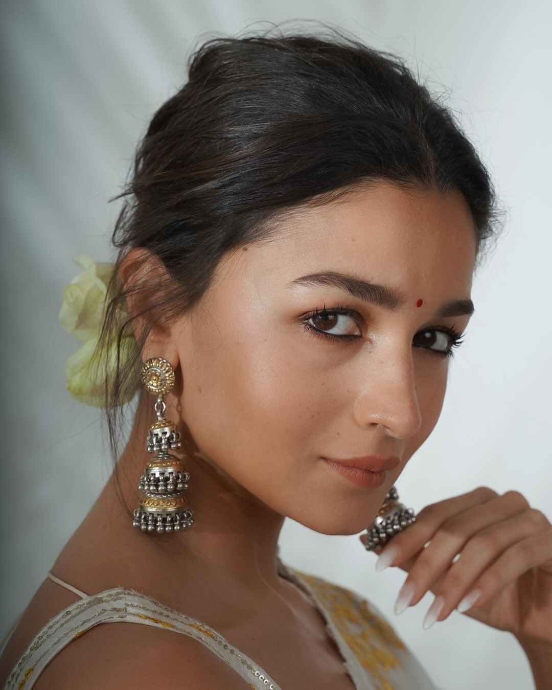 Alia Bhatt in Long Silver Earrings