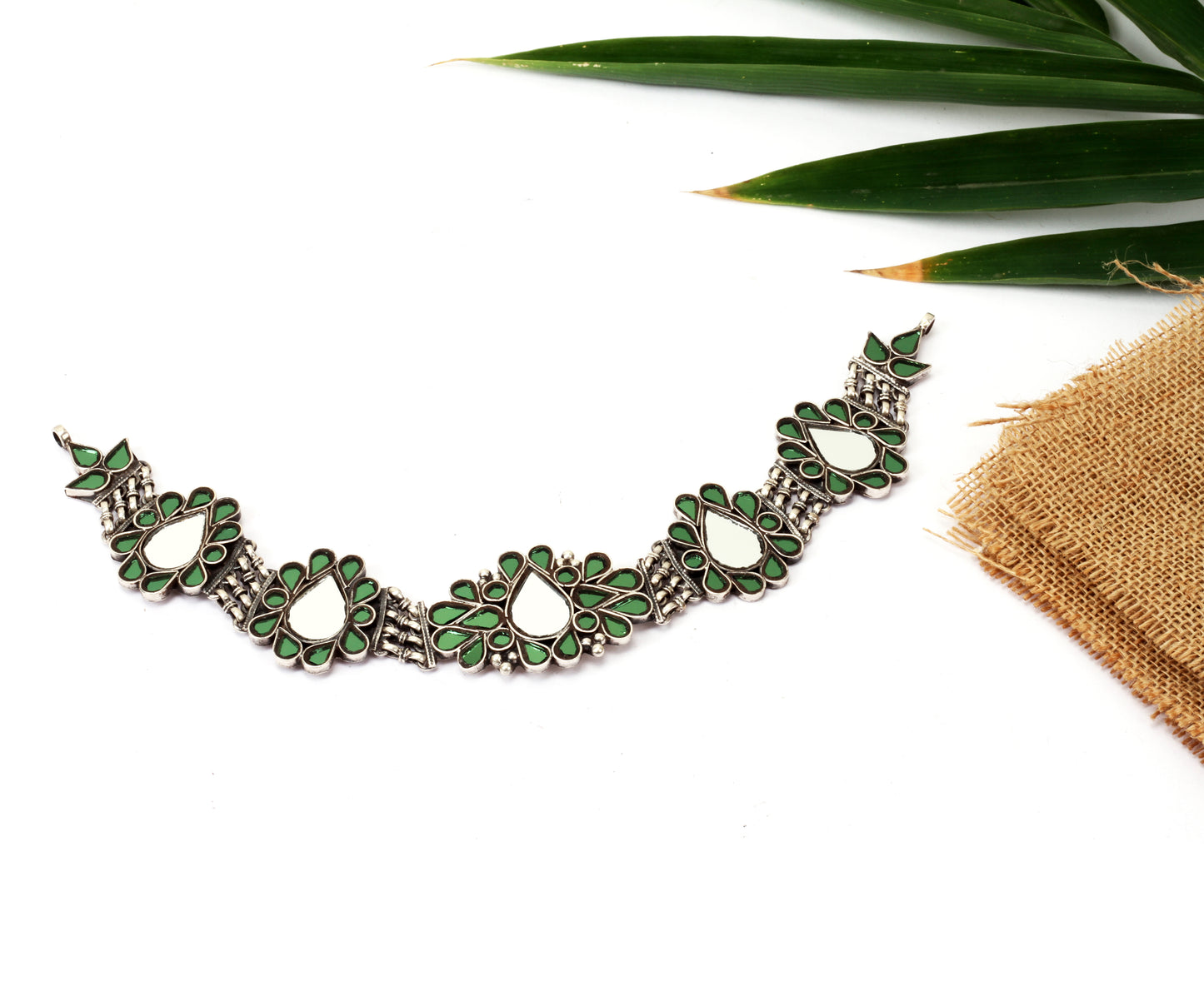 Sangeeta Boochra Green Tribal Silver Necklace