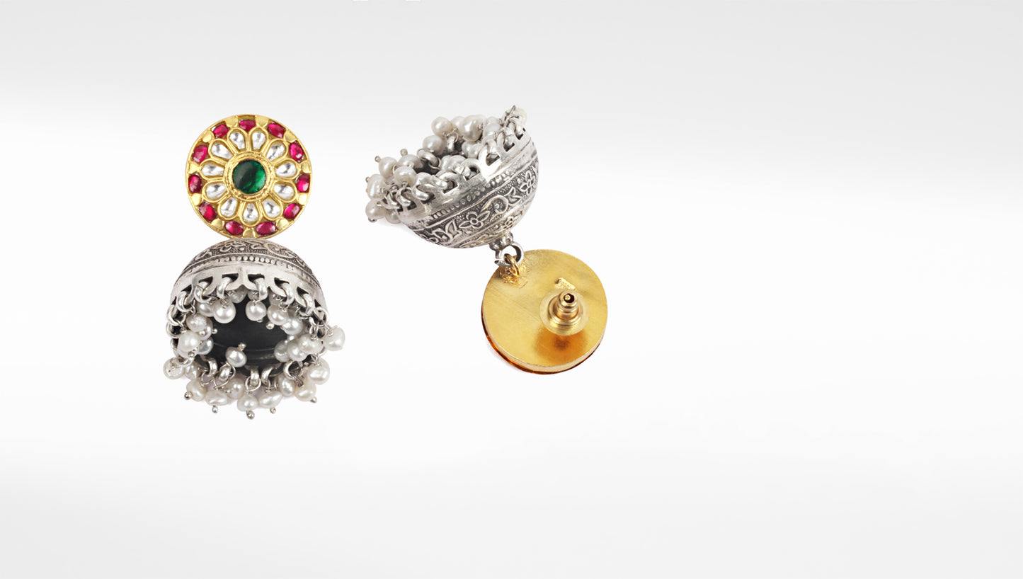 Sangeeta Boochra Red Tribal Silver Earrings With Pearls