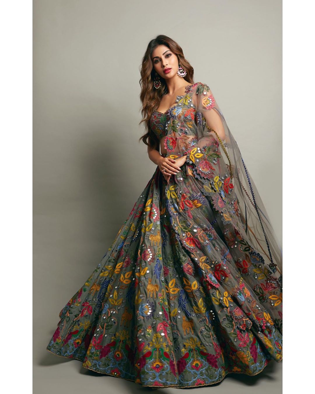 Mouni Roy in Silver Earrings With Kundan Stone