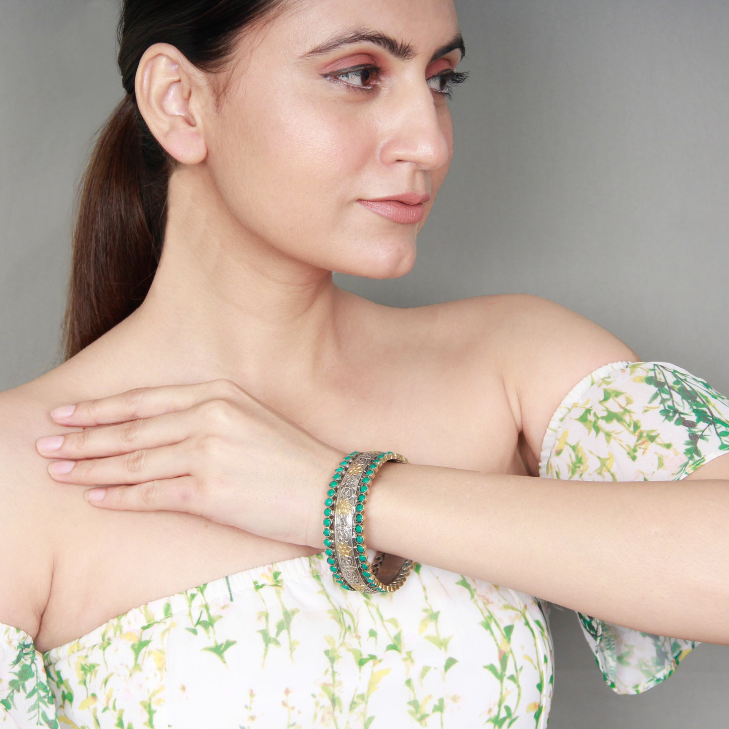 Sangeeta Boochra Dual Tone Silver Bracelet With Turquoise