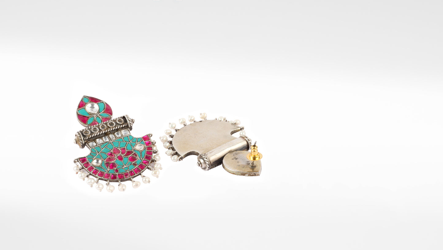 Half Moon Silver Kundan Earrings Set