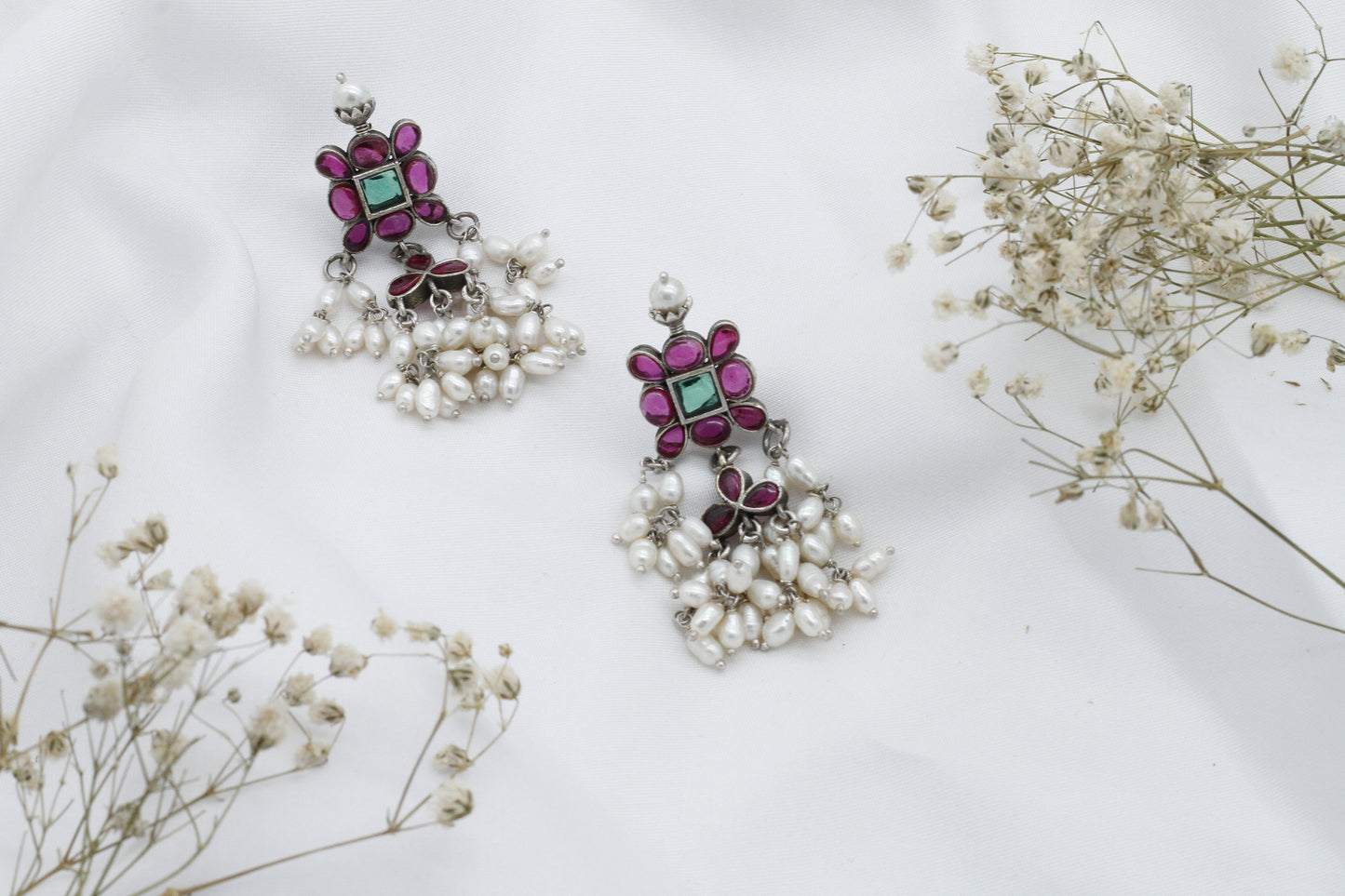 Silver Earrings Jewelry With Amethyst And Pearl Stones