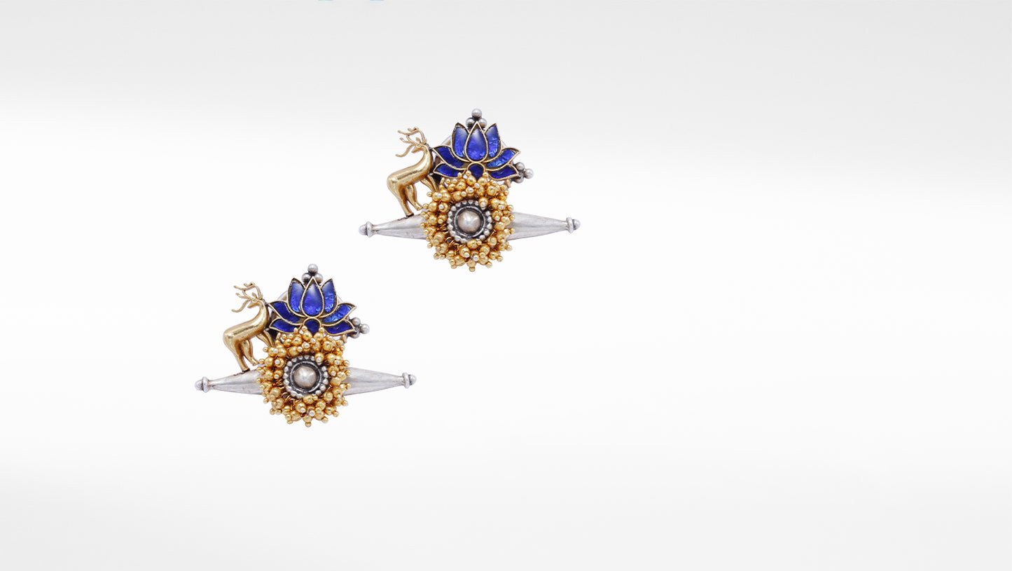 Floral Design Silver Earrings With Gold Plated Ghungroo
