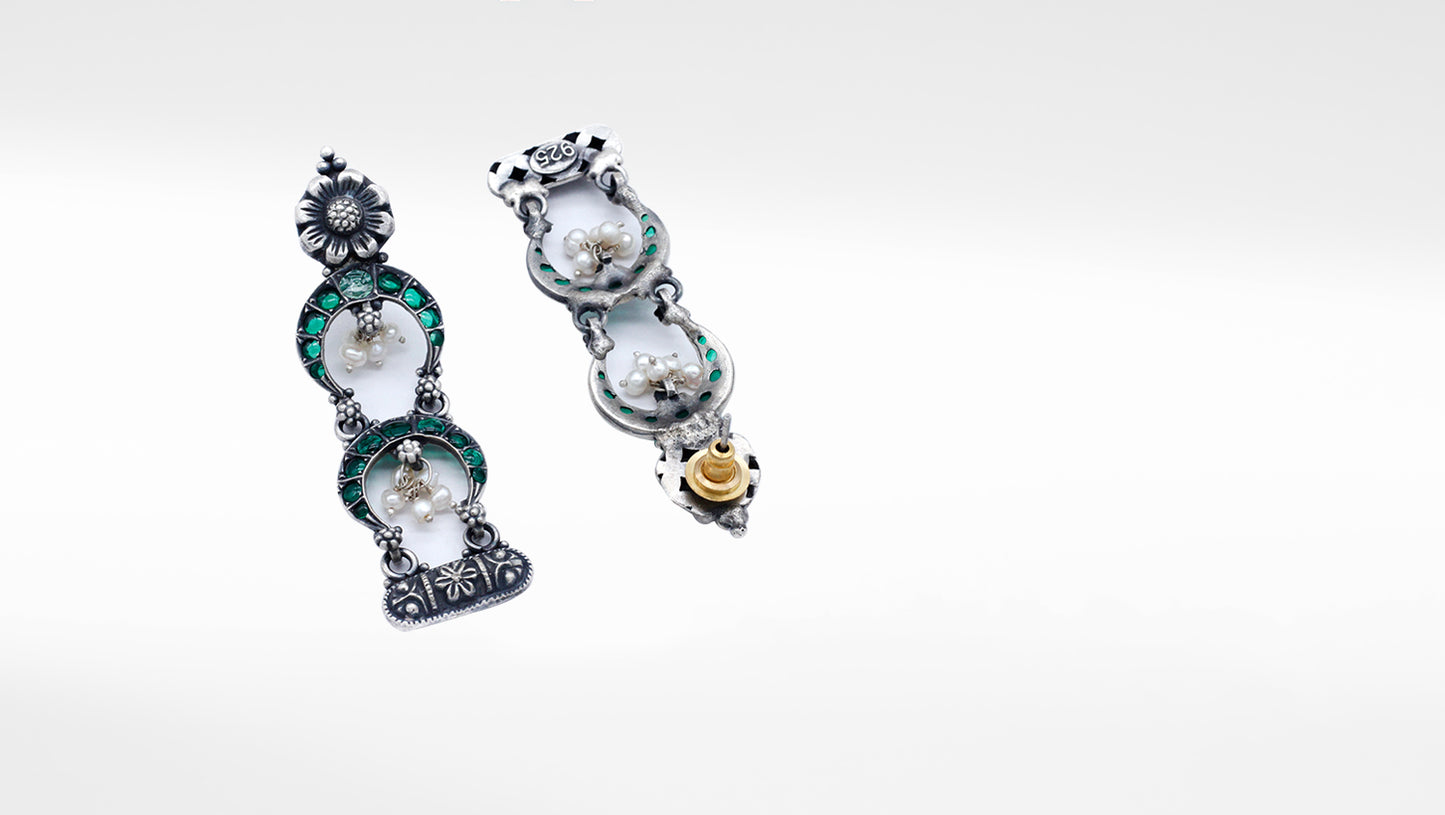 Crescent Moon Emerald Silver Earring