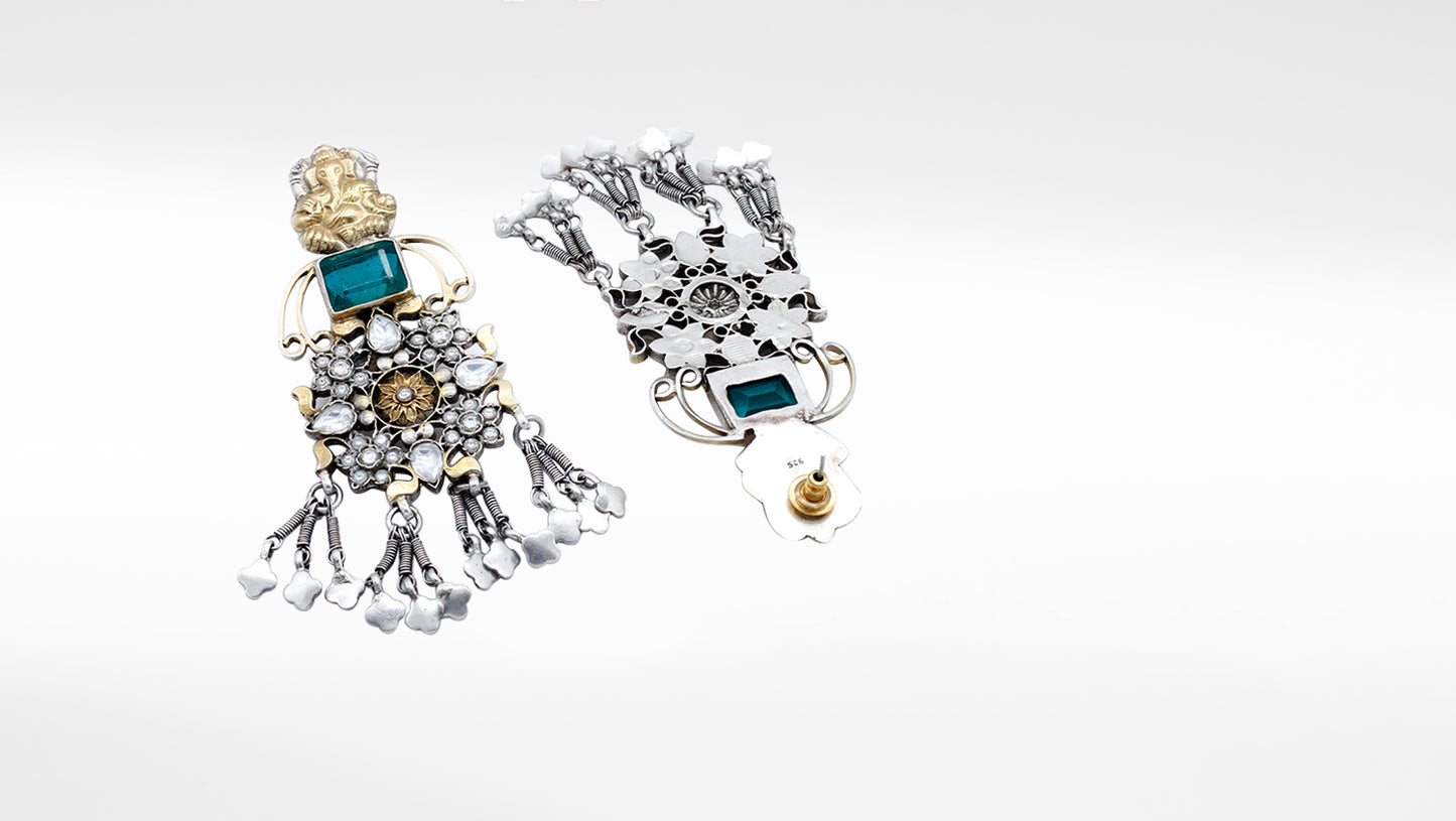 Lord Ganesha Emerald Embellished Floral Silver Earring