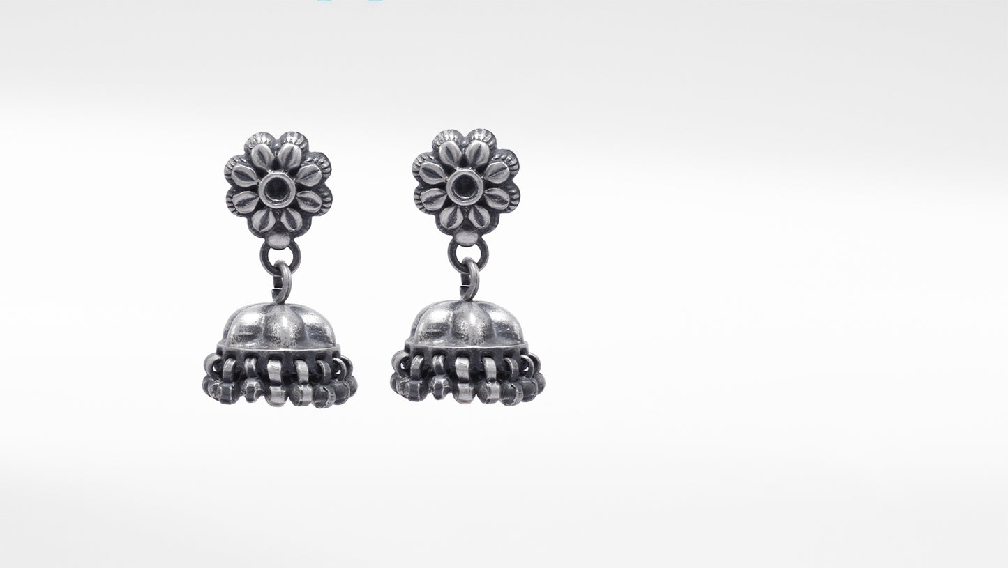 Silver Jhumki Floral Design Earrings