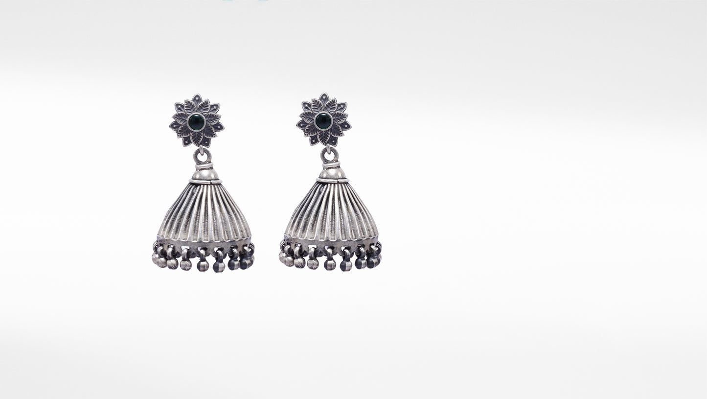Emerald Studded Floral Design Silver Jhumki Pair