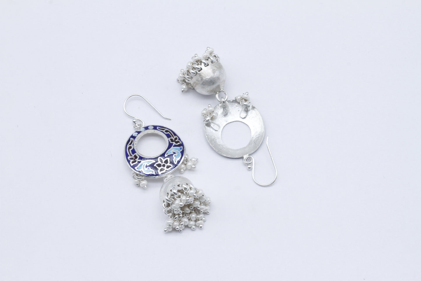 Handcrafted Silver Dangle Jhumka Earring With Hanging Pearls