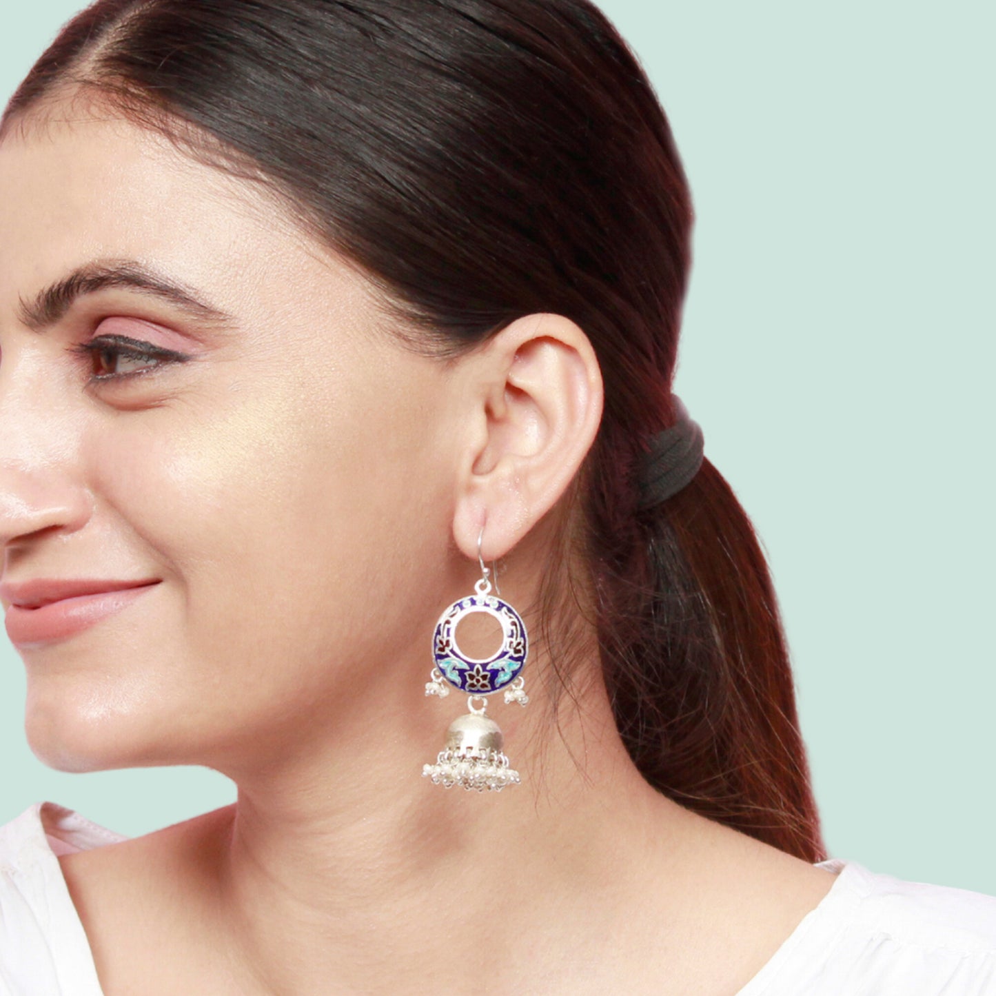 Meenakari Dangler Earring Jhumka With Hanging Pearls