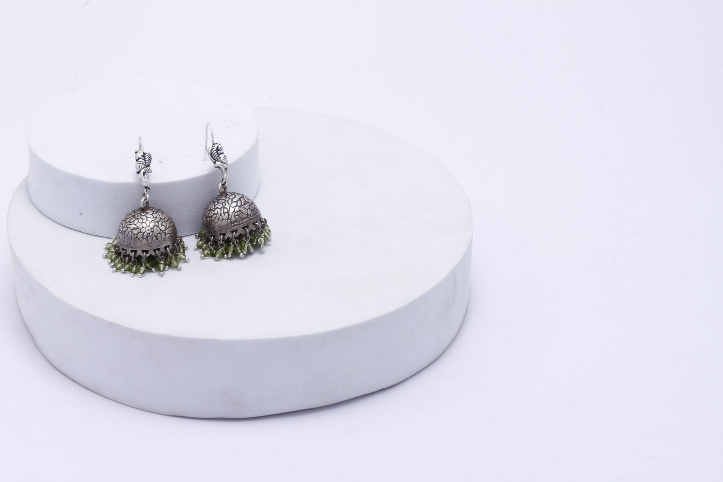 Silver handcrafted Jhumka with hanging pearls