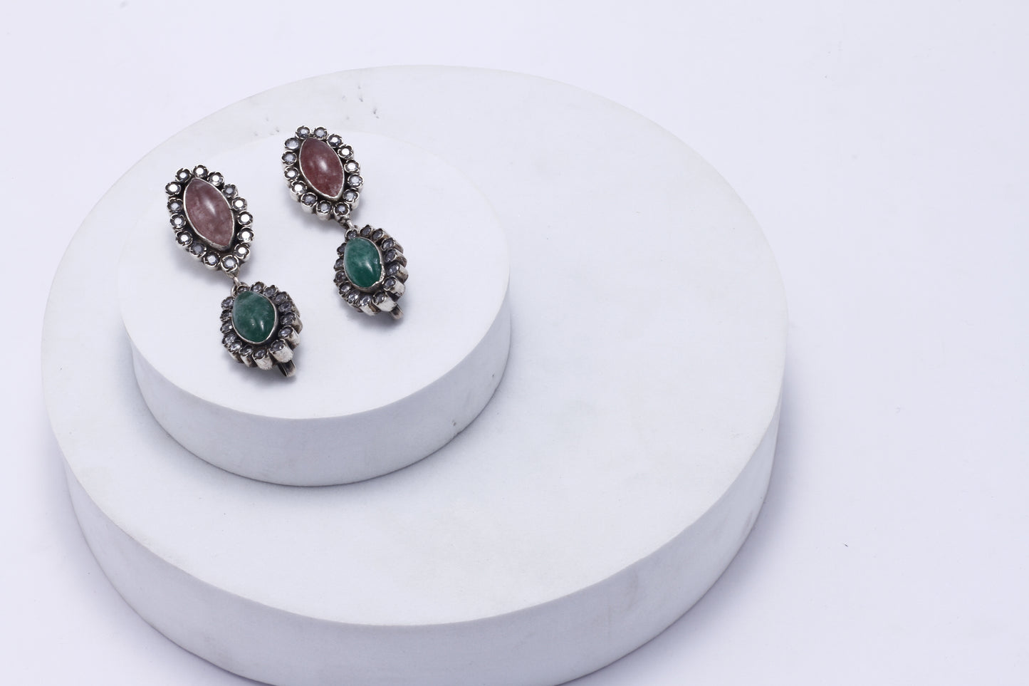 Labradorite & Checker Ovel Shape Hanging silver Earring