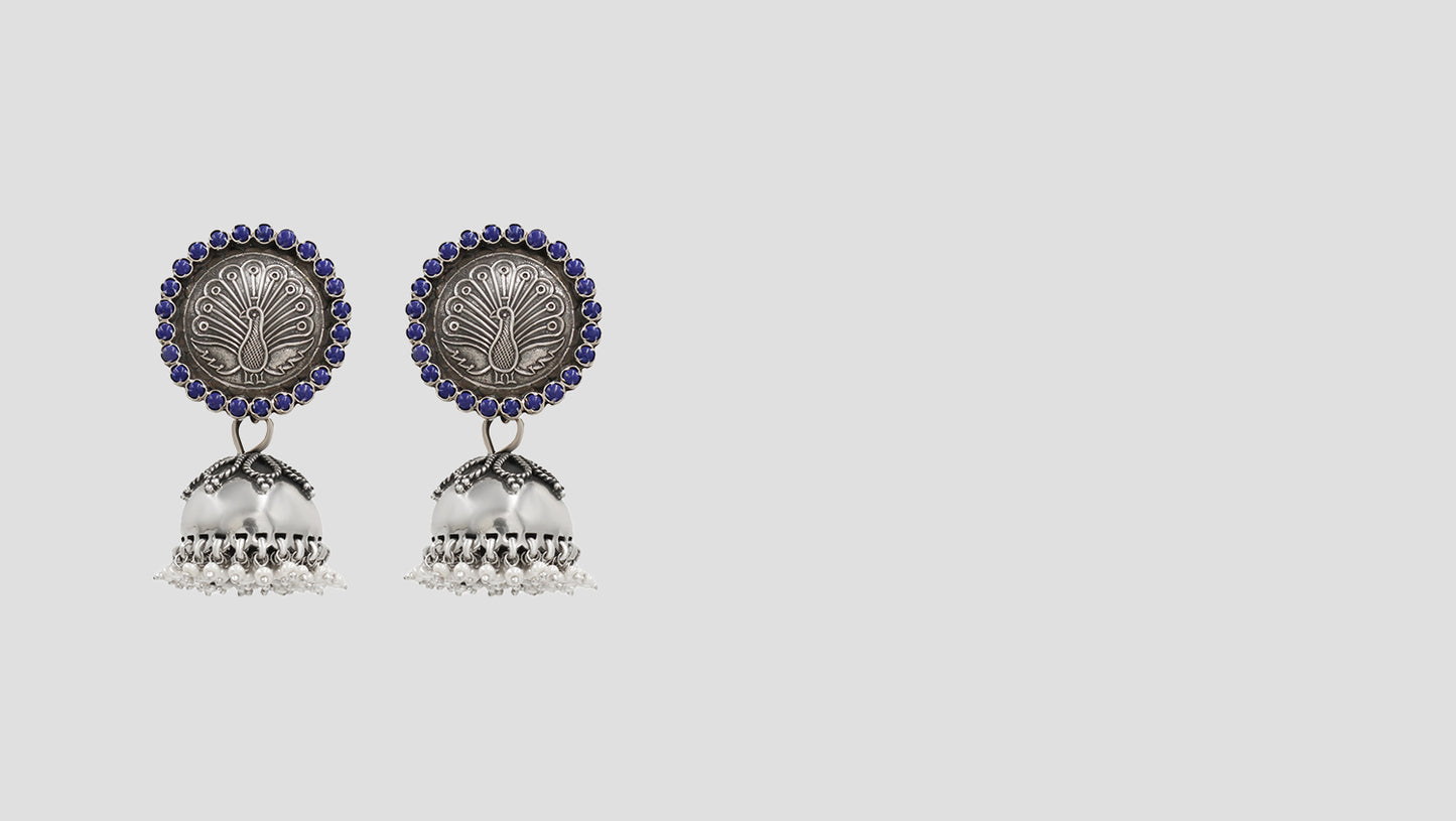 Peacock Glory Oxidized Silver Jhumkas by Sangeeta Boochra