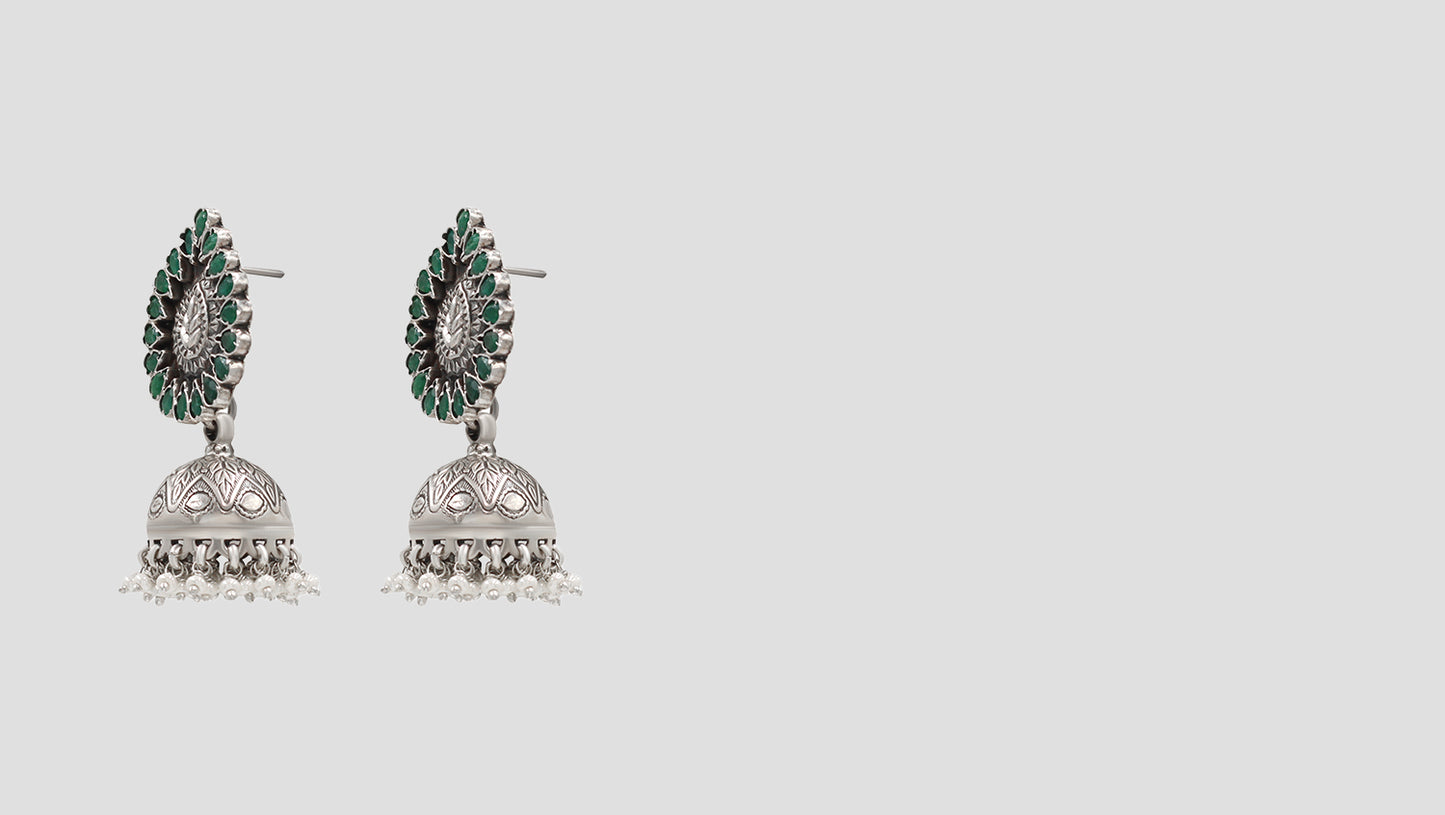 “Oxidized Silver Jhumka Earrings with Emerald Finish”