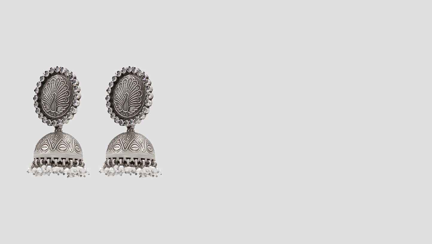 Peacock Glory Oxidized Silver Jhumkas by Sangeeta Boochra