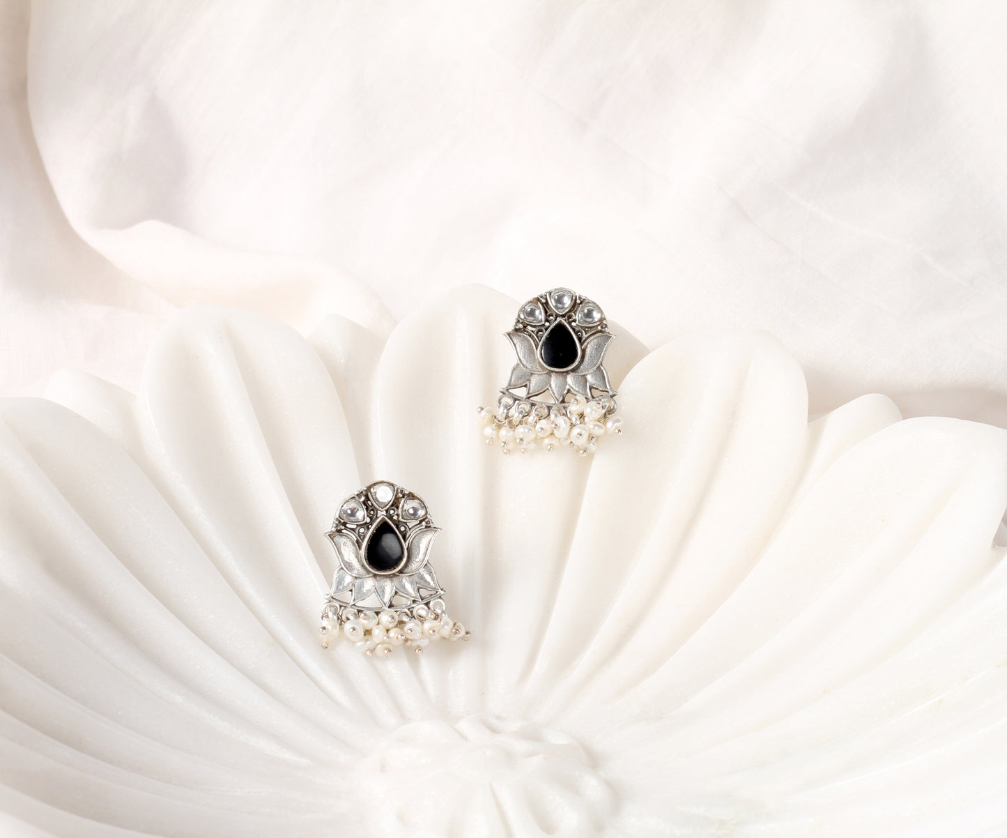 Sangeeta Boochra Black Silver Earrings With Kundan