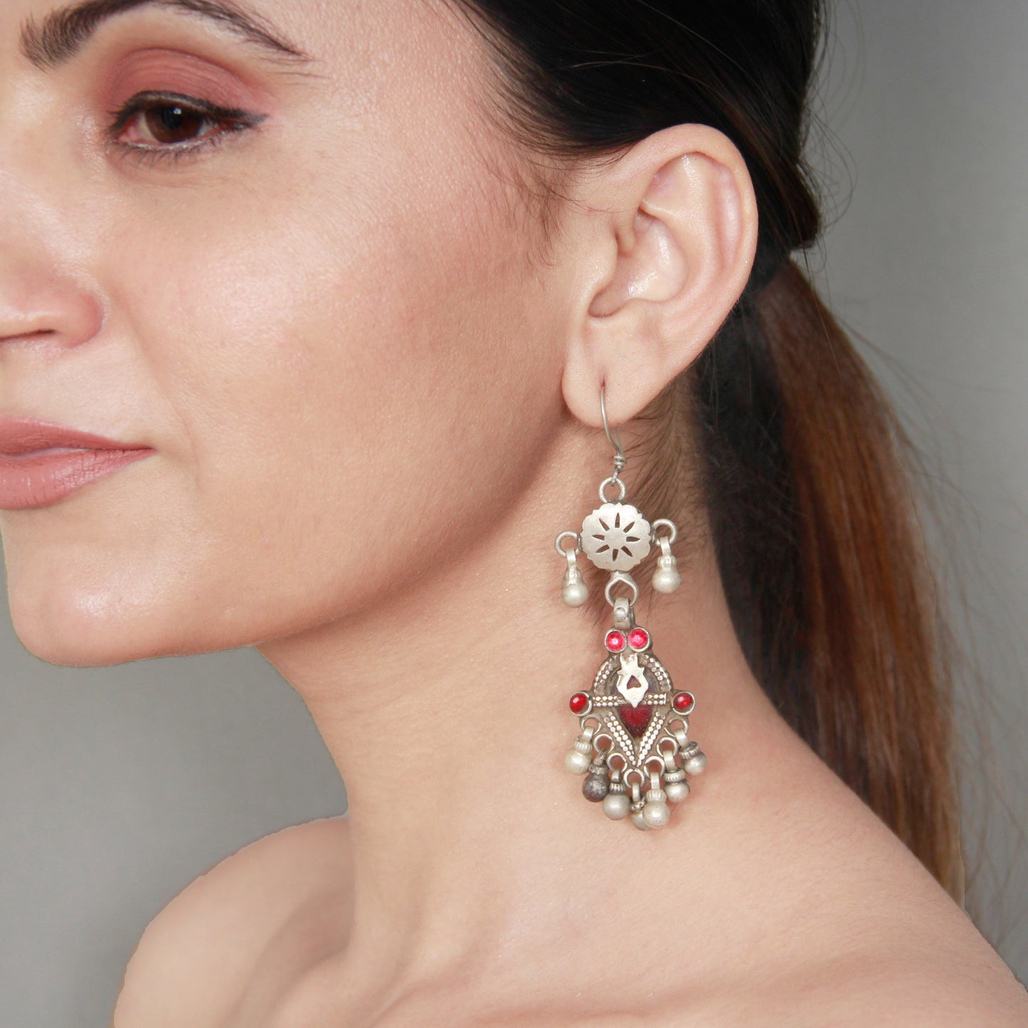 Silver Handcrafted Red Tribal Silver Earrings