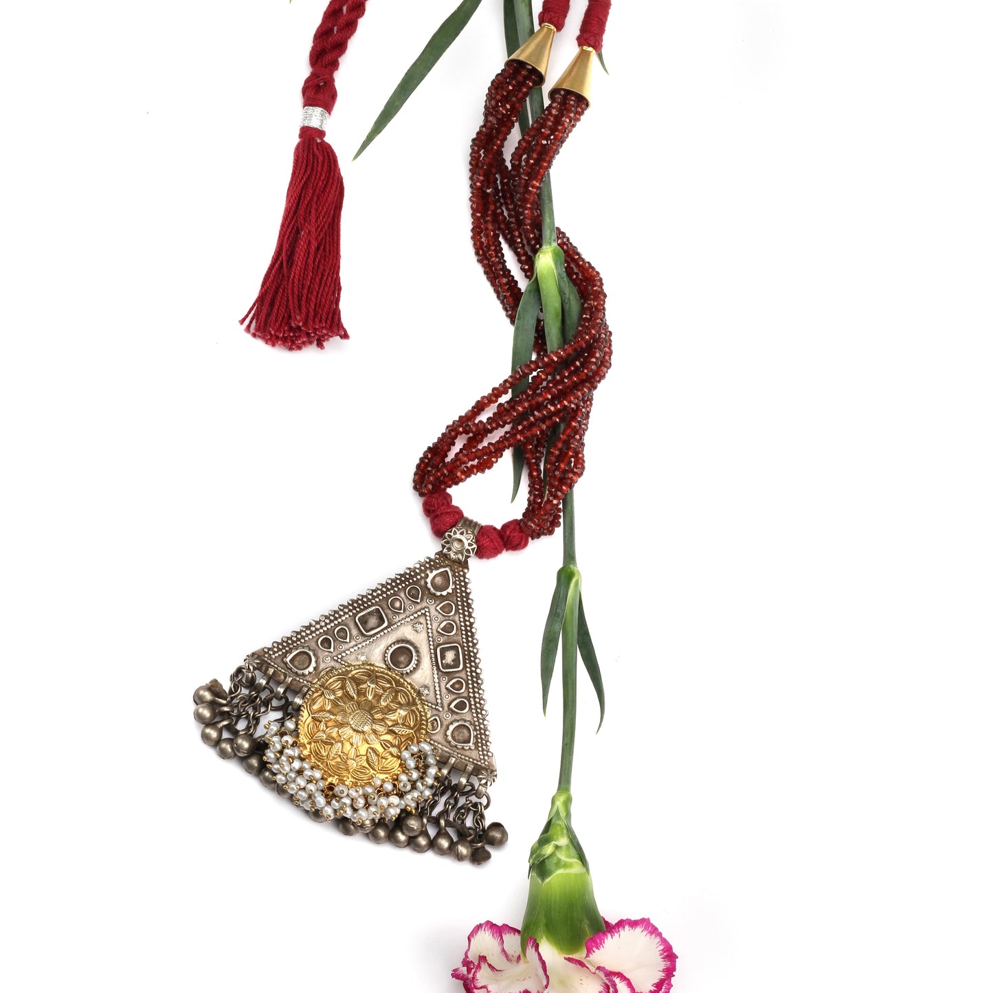 Sangeeta Boochra Red Dual Tone Tribal Silver Necklace