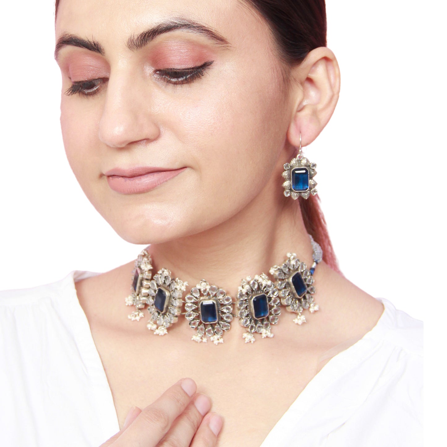 Sangeeta Boochra Silver Necklace with Blue stone