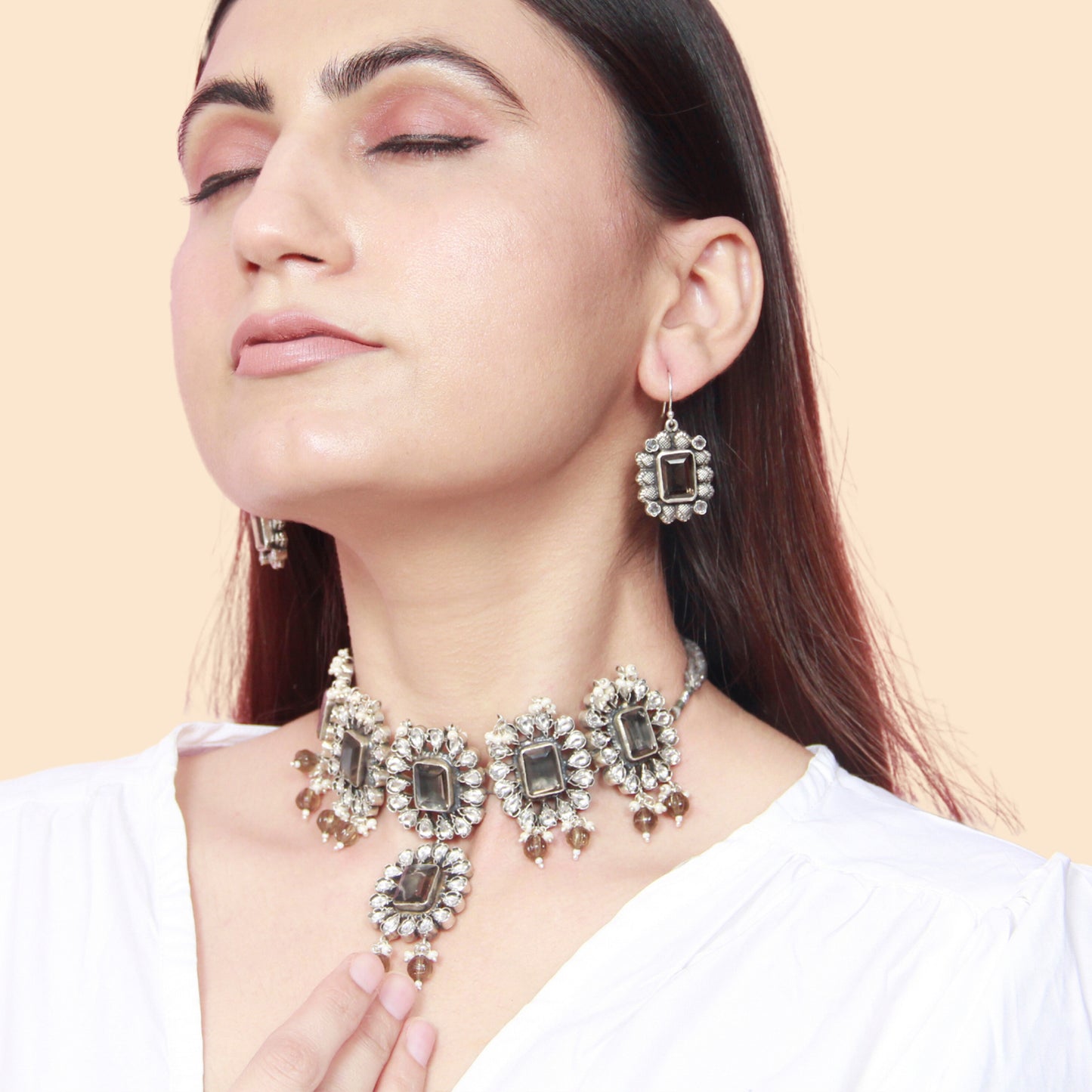Sangeeta Boochra Silver Necklace with Brown stone