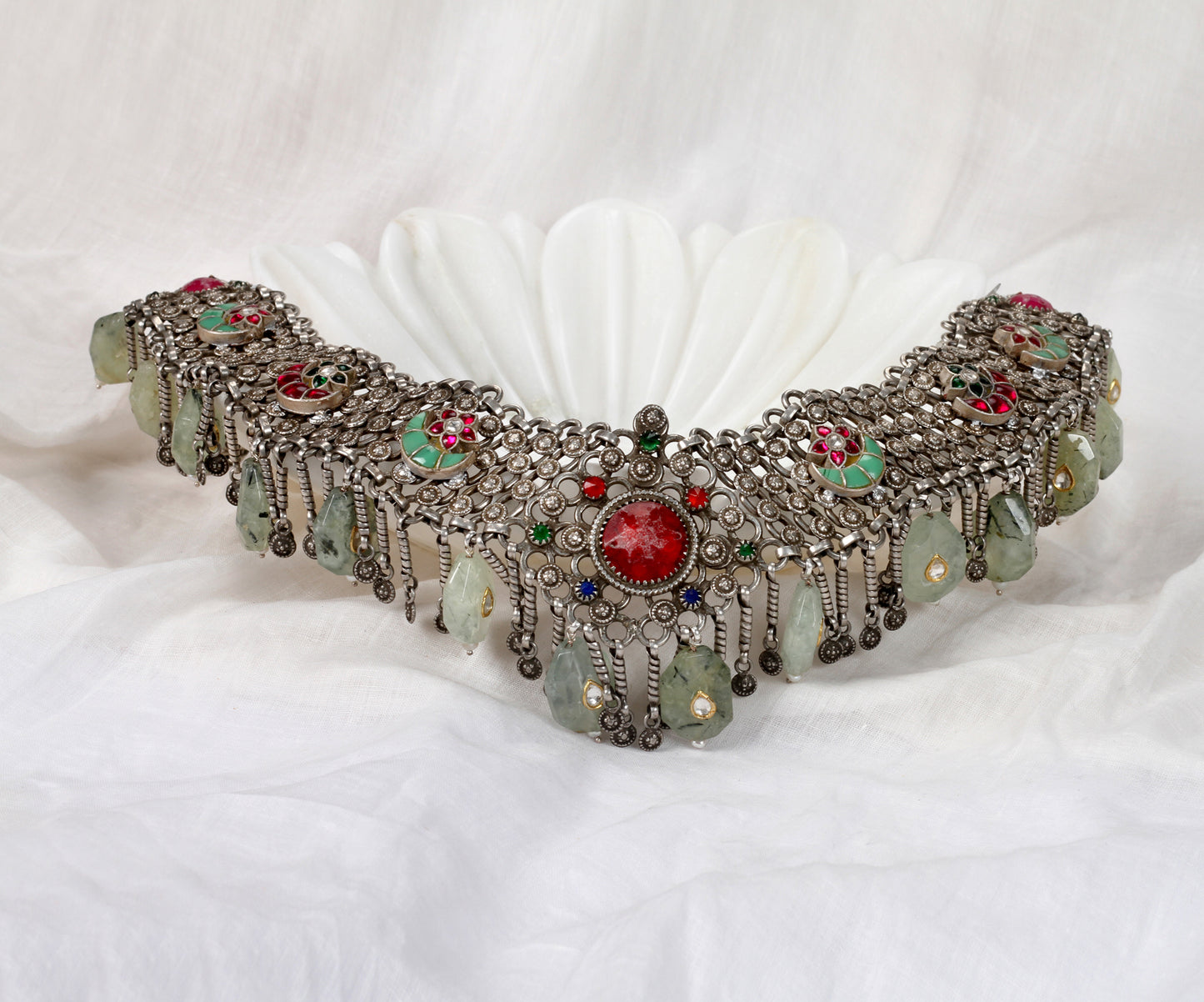 Sangeeta Boochra Pink Tribal Silver Necklace With Emerald, Turquoise And Ruby