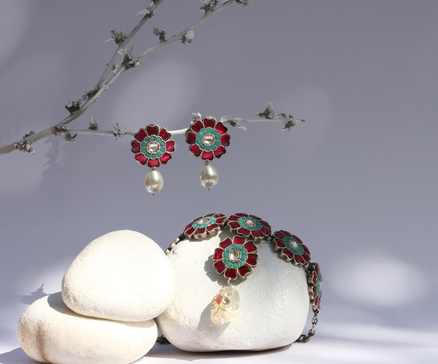 Afs Silver Kundan Necklace with Stone Earrings