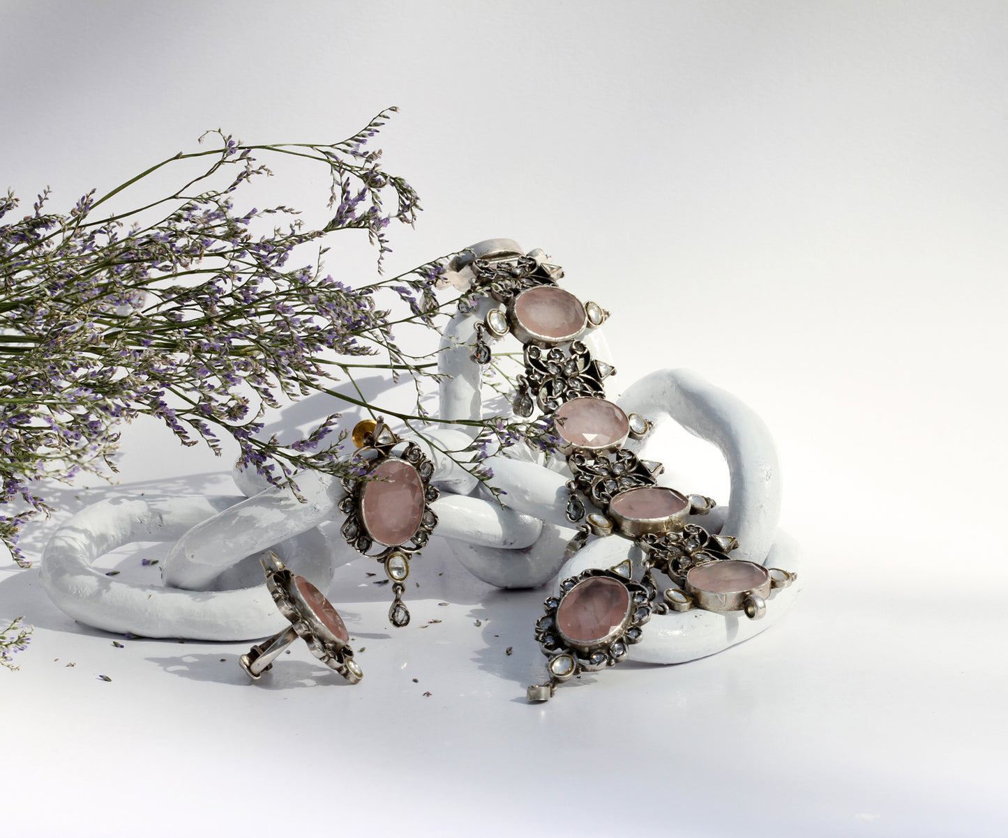 Qurbat Silver Rose Quartz Necklace with Earrings and Ring