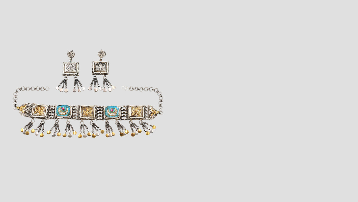 Majestic Charm: Sangeeta Boochra Dual Tone Silver Choker & Earrings
