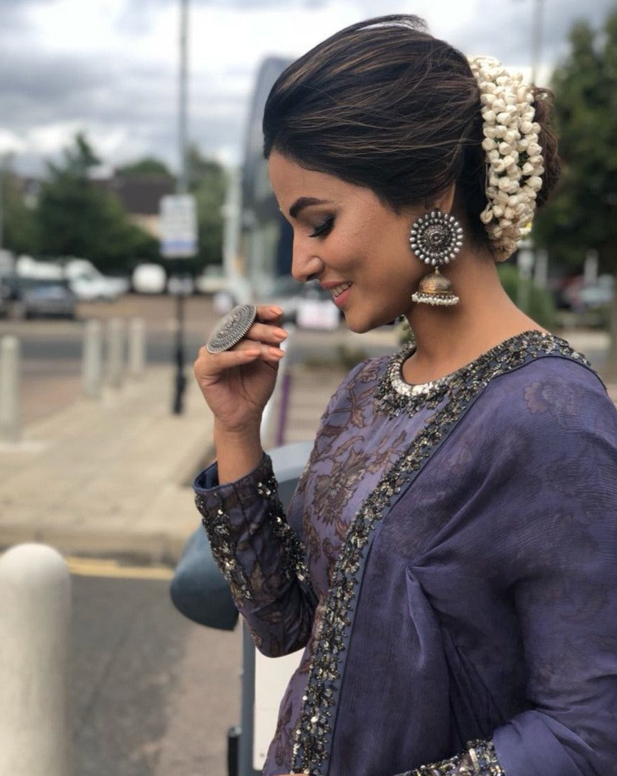 Hina Khan in Sangeeta Boochra Silver Handmade Jhumkas-Earrings-Sangeeta Boochra