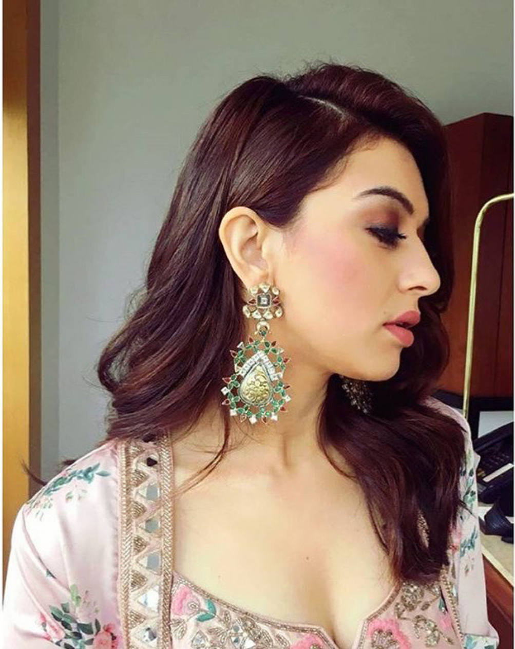 Hansika Motwani in Sangeeta Boochra Earrings Studded with Emerald Hydro And Kundan Stone-Earrings-Sangeeta Boochra