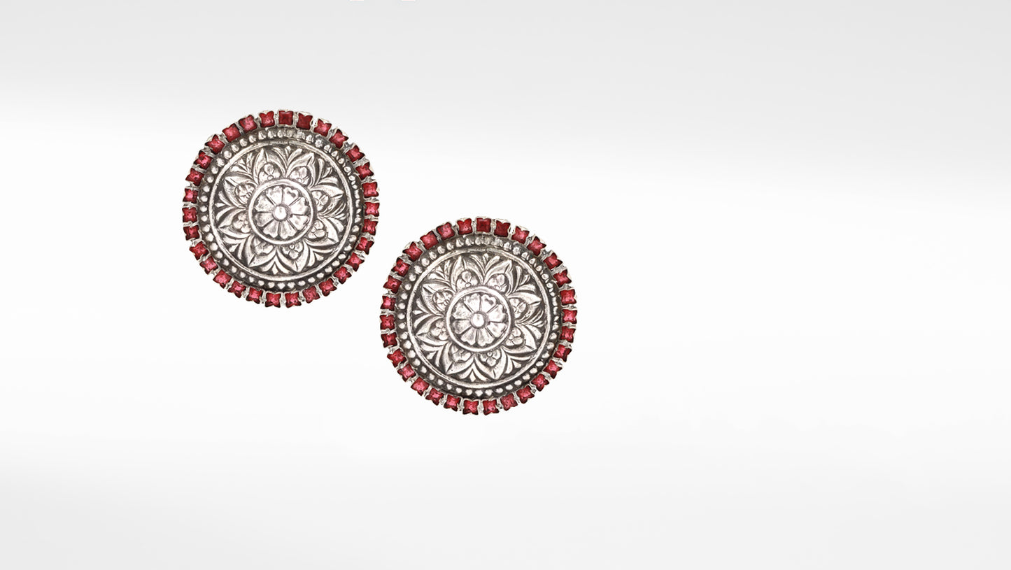 Sangeeta Boochra Red Tribal Silver Earrings