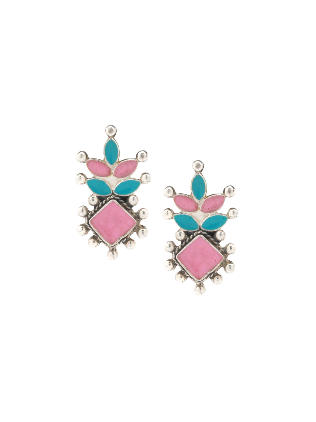 Sangeeta Boochra Pink Blue Tribal Silver Earrings-Earrings-Sangeeta Boochra