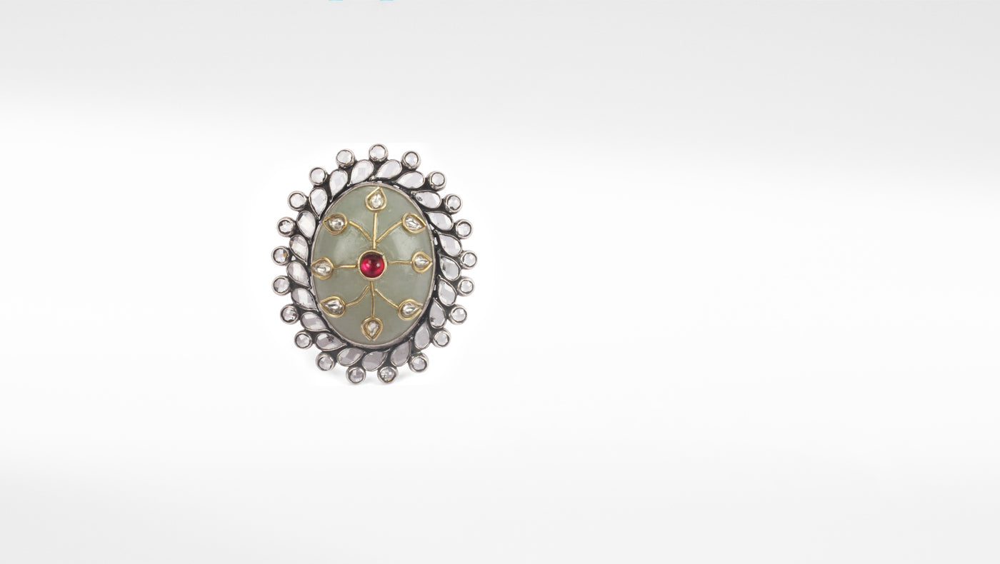 Sangeeta Boochra Green Tribal Silver Adjustable Ring