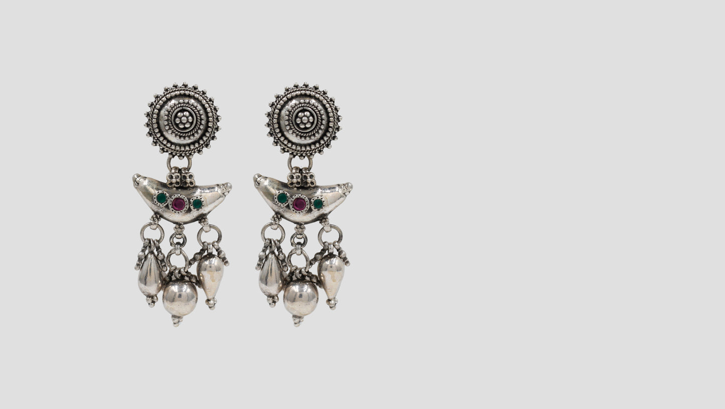 Heritage Oxidised Silver Earrings with Green & Red Stone Detailing