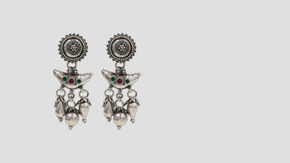 Heritage Oxidised Silver Earrings with Green & Red Stone Detailing