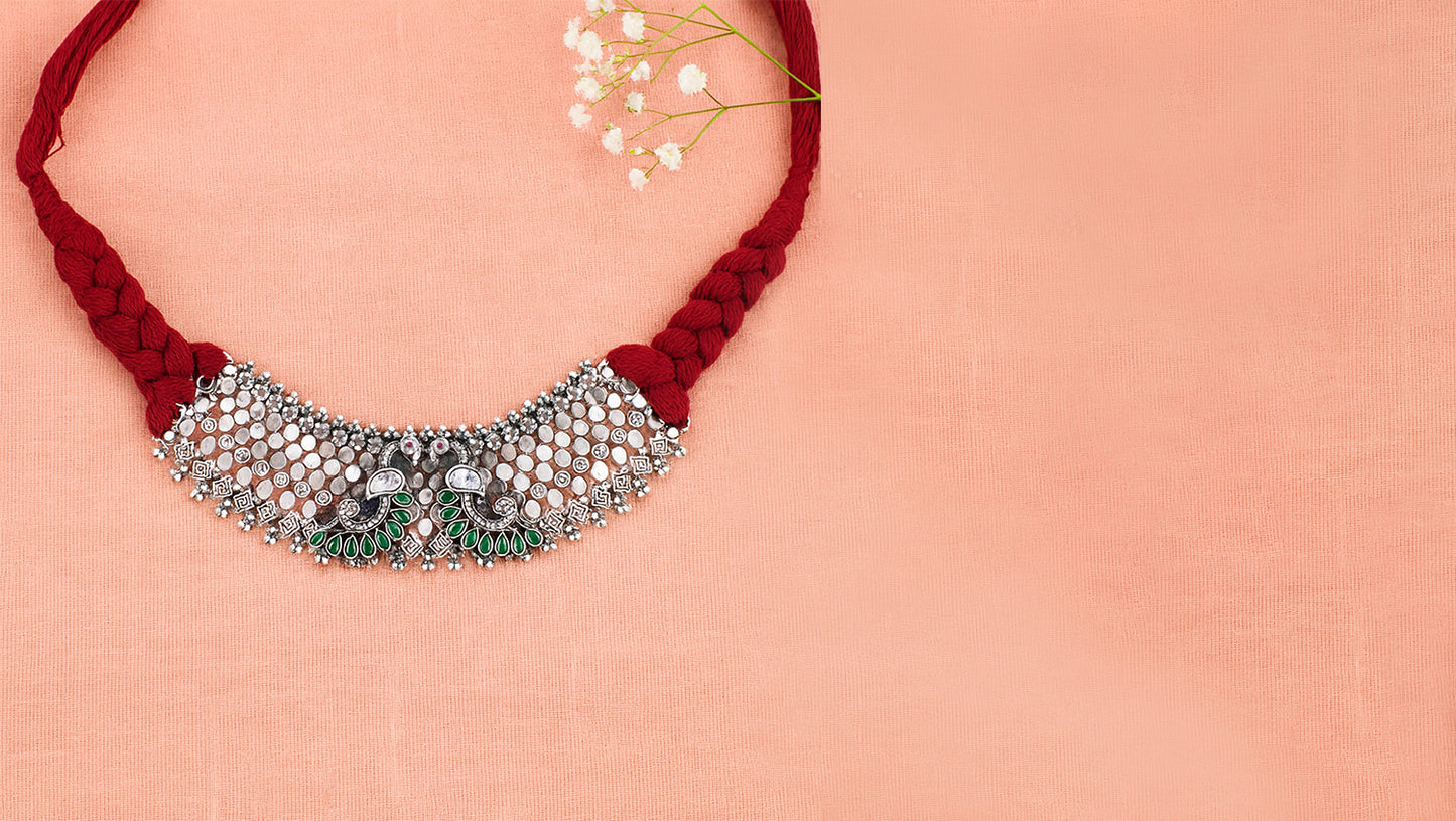 Traditional Silver Choker with Peacock Motif | Sangeeta Boochra