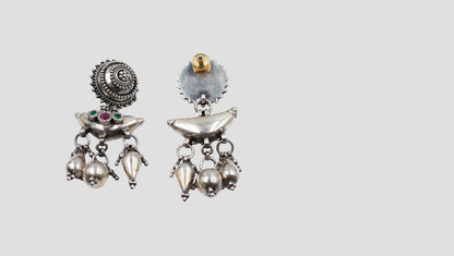 Heritage Oxidised Silver Earrings with Green & Red Stone Detailing