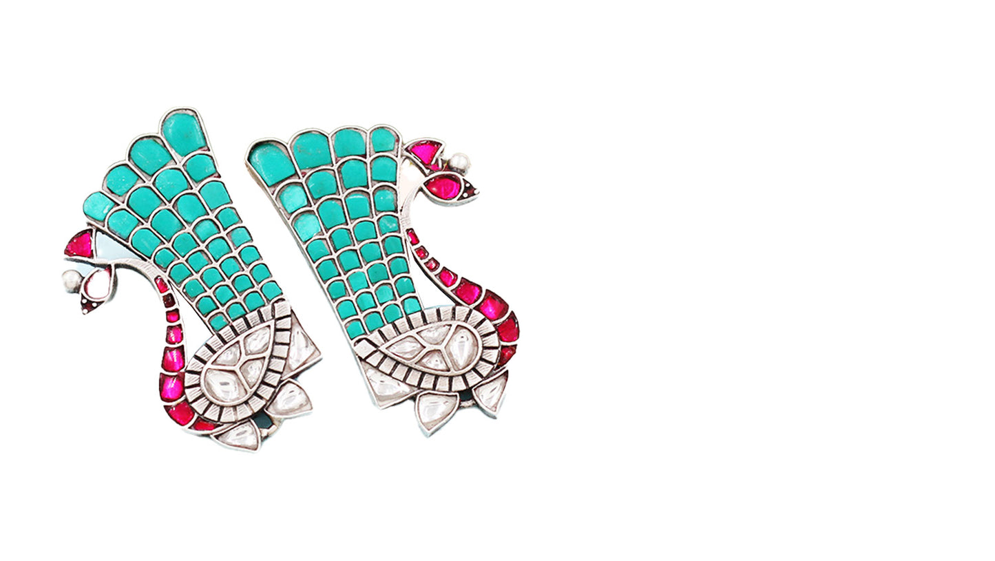Exquisite Peacock Shaped Silver Turquoise Earrings