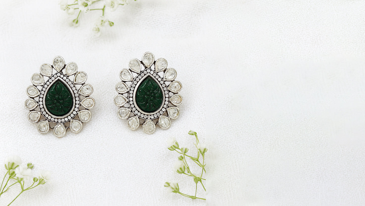 Handcrafted Silver Earrings with Polki Work