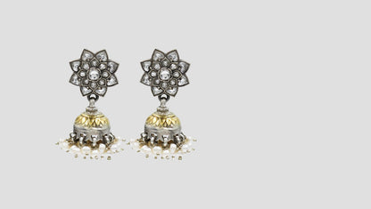 Handcrafted Silver Floral Jhumkas with Pearls