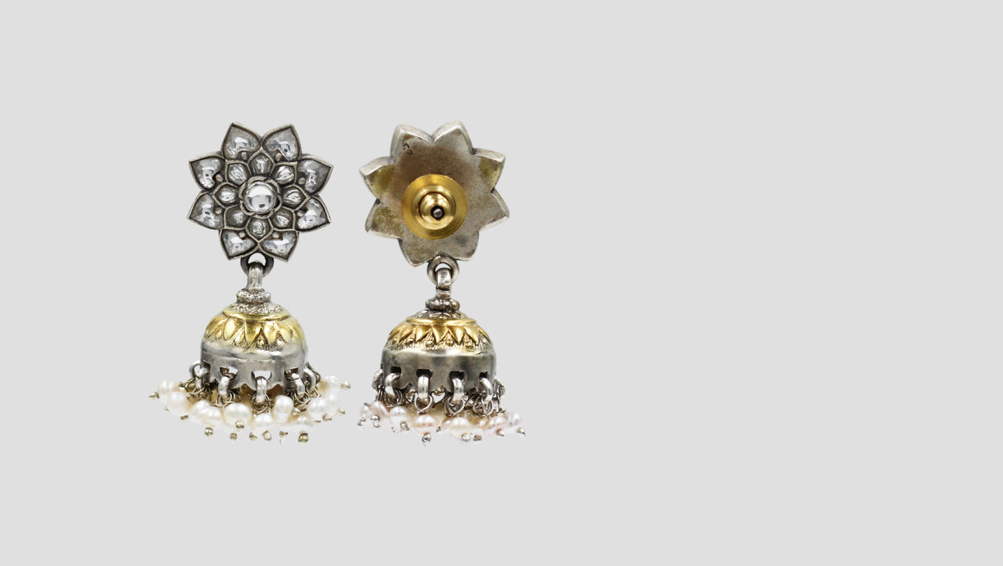 Handcrafted Silver Floral Jhumkas with Pearls