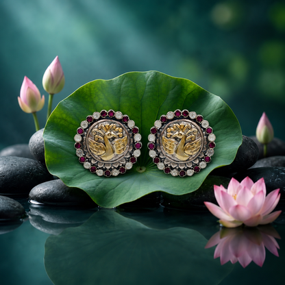 Sangeeta Boochra Handcrafted Dual Plated Silver Peacock Motif Stud Earrings