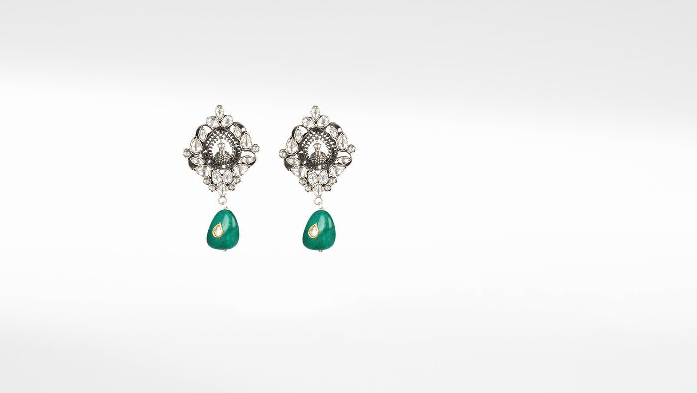 Sangeeta Boochra Green Silver Earrings With Kundan And Pearls