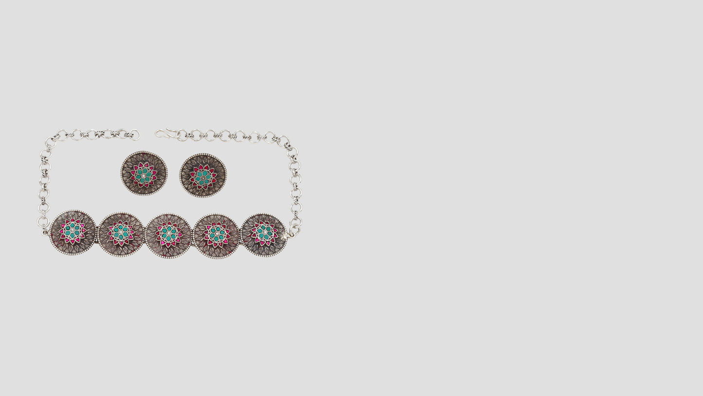 Bohemian Enamel Work Silver Choker & Earrings – Statement Jewelry