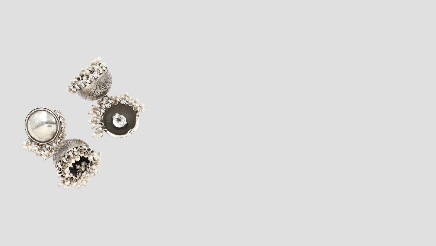 Royal Charm: Oxidized Silver Jhumkas with Pearl Hangings